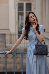 a lady in a blue silk dress